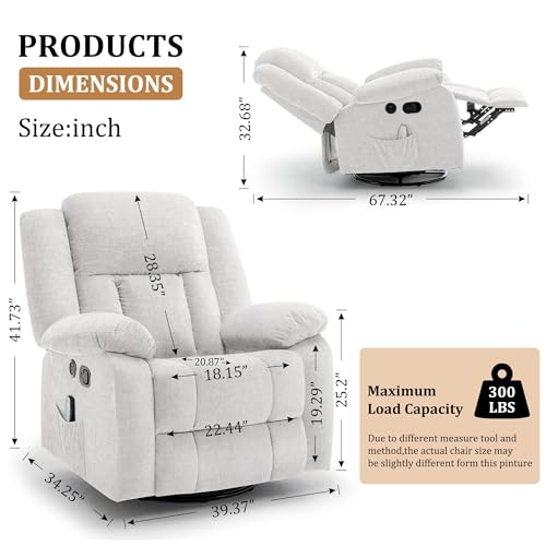 Korser Rocker Recliner Chair for Adults, 360°Swivel Recliner Chair with USB Ports, Electric Recliner Chairs with Massage and Heating, Rocking Recliner for Living Room, Nursery, Beige