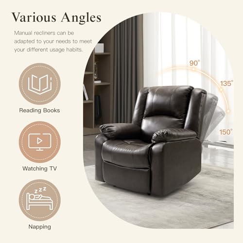 EASELAND PU Leather Recliner Chairs for Adults, Reading Recliner Chairs for Bedroom, Fluffy Arm Chair with High-Density Sponge Cushion, Reclining Chairs with Lumbar Support for Living Room(Brown)