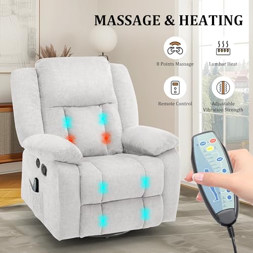 Korser Rocker Recliner Chair for Adults, 360°Swivel Recliner Chair with USB Ports, Electric Recliner Chairs with Massage and Heating, Rocking Recliner for Living Room, Nursery, Beige