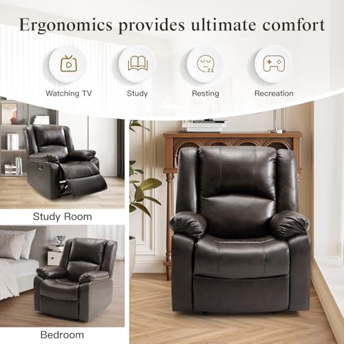 EASELAND PU Leather Recliner Chairs for Adults, Reading Recliner Chairs for Bedroom, Fluffy Arm Chair with High-Density Sponge Cushion, Reclining Chairs with Lumbar Support for Living Room(Brown)
