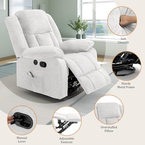 Korser Rocker Recliner Chair for Adults, 360°Swivel Recliner Chair with USB Ports, Electric Recliner Chairs with Massage and Heating, Rocking Recliner for Living Room, Nursery, Beige