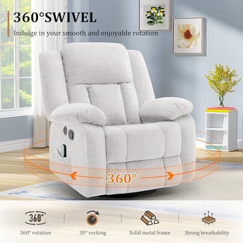 Korser Rocker Recliner Chair for Adults, 360°Swivel Recliner Chair with USB Ports, Electric Recliner Chairs with Massage and Heating, Rocking Recliner for Living Room, Nursery, Beige