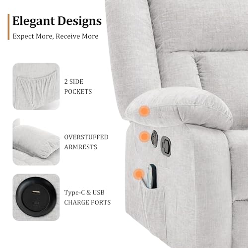 Korser Rocker Recliner Chair for Adults, 360°Swivel Recliner Chair with USB Ports, Electric Recliner Chairs with Massage and Heating, Rocking Recliner for Living Room, Nursery, Beige