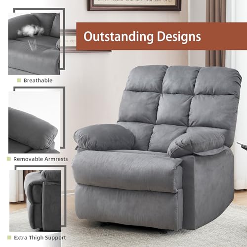 Ketaiyou Rocker Recliner Chair for Adults, Overstuffed Large Manual Rocking Recliner, Upholstered Soft Fabric Living Room Reclining Sofa Chair(Gray)