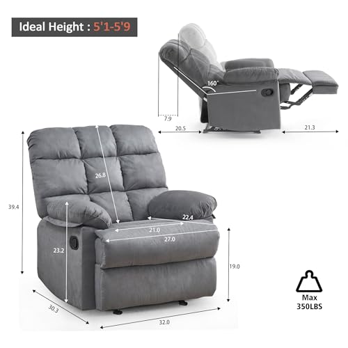 Ketaiyou Rocker Recliner Chair for Adults, Overstuffed Large Manual Rocking Recliner, Upholstered Soft Fabric Living Room Reclining Sofa Chair(Gray)