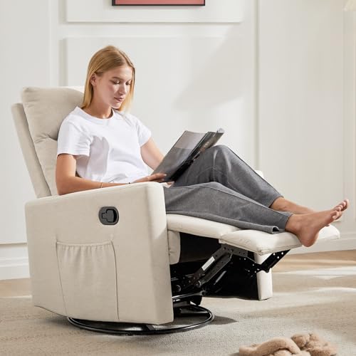 Sweetcrispy Recliner Chair Swivel Rocking for Living Room, Glider Rocker Recliner Nursery Chair with Extra Large Footrest for Home, High Back, Upholstered Deep Seat (Beige)