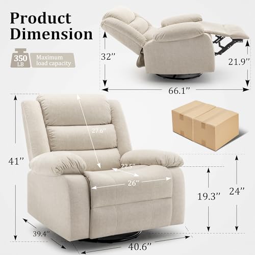 Korser Recliner Chair, Wide Rocker Chair, Rocking Chair with Massage and Heat,360°Swivel Nursery Rocking Chairs, Oversized Recliner for Adults, Cashmere Reclining Sofa for Living Room, Beige