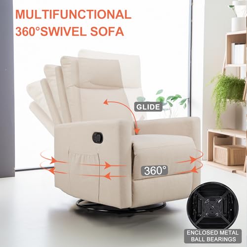 Sweetcrispy Recliner Chair Swivel Rocking for Living Room, Glider Rocker Recliner Nursery Chair with Extra Large Footrest for Home, High Back, Upholstered Deep Seat (Beige)