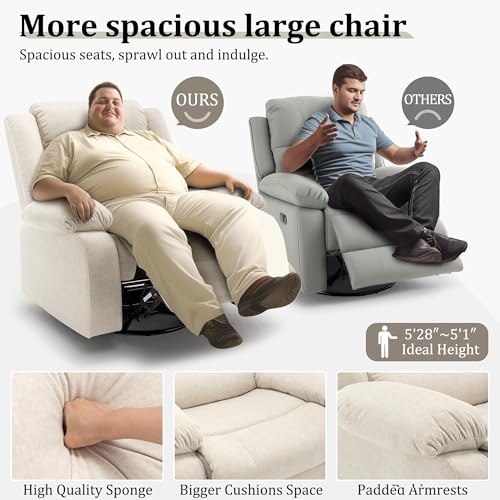 Korser Recliner Chair, Wide Rocker Chair, Rocking Chair with Massage and Heat,360°Swivel Nursery Rocking Chairs, Oversized Recliner for Adults, Cashmere Reclining Sofa for Living Room, Beige