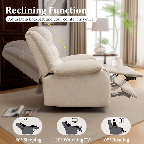 Korser Recliner Chair, Wide Rocker Chair, Rocking Chair with Massage and Heat,360°Swivel Nursery Rocking Chairs, Oversized Recliner for Adults, Cashmere Reclining Sofa for Living Room, Beige