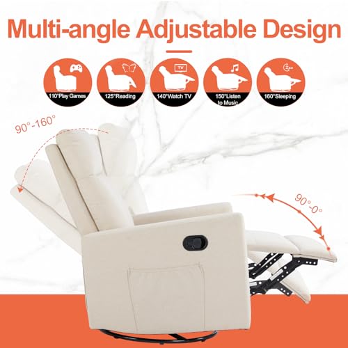 Sweetcrispy Recliner Chair Swivel Rocking for Living Room, Glider Rocker Recliner Nursery Chair with Extra Large Footrest for Home, High Back, Upholstered Deep Seat (Beige)