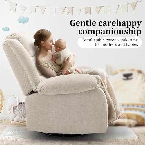 Korser Recliner Chair, Wide Rocker Chair, Rocking Chair with Massage and Heat,360°Swivel Nursery Rocking Chairs, Oversized Recliner for Adults, Cashmere Reclining Sofa for Living Room, Beige
