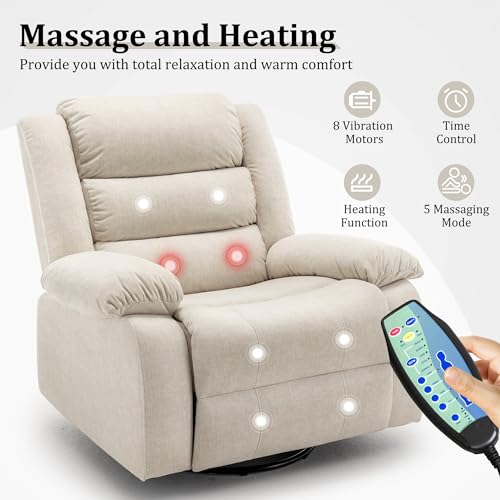 Korser Recliner Chair, Wide Rocker Chair, Rocking Chair with Massage and Heat,360°Swivel Nursery Rocking Chairs, Oversized Recliner for Adults, Cashmere Reclining Sofa for Living Room, Beige