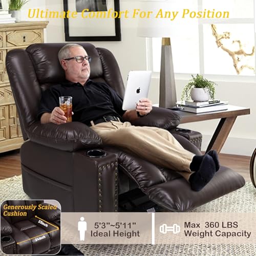Cfvyne Large Power Lift Chairs Recliners for Elderly with Heated and Massage, Overstuffed Adjustable Lift Chairs, 3 Positions, Breathable Leather, USB-A and USB-C, Cup Holder, Side Pocket, Dark Brown