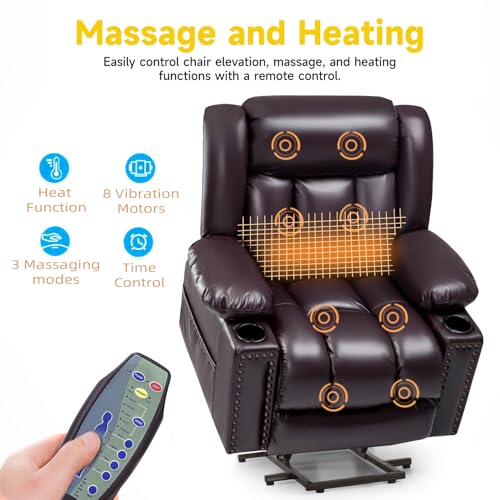 Cfvyne Large Power Lift Chairs Recliners for Elderly with Heated and Massage, Overstuffed Adjustable Lift Chairs, 3 Positions, Breathable Leather, USB-A and USB-C, Cup Holder, Side Pocket, Dark Brown