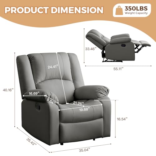COOSLEEP Leather Recliner Chair with Overstuffed Arm and Back,Soft Living Room Chair Home Theater Lounge Seat,Manual Reclining Chairs for Adults (Dark Gray)