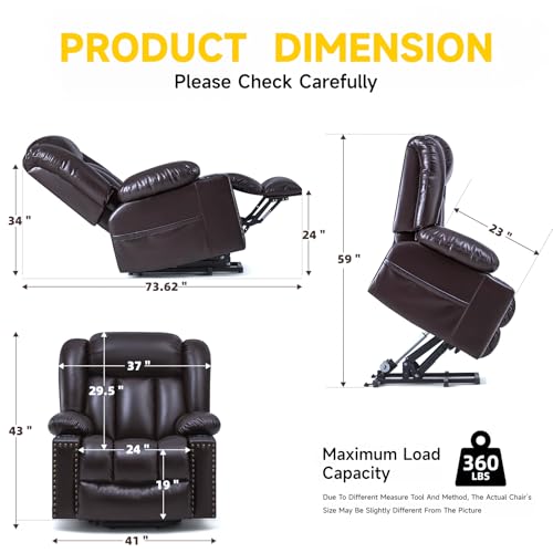Cfvyne Large Power Lift Chairs Recliners for Elderly with Heated and Massage, Overstuffed Adjustable Lift Chairs, 3 Positions, Breathable Leather, USB-A and USB-C, Cup Holder, Side Pocket, Dark Brown