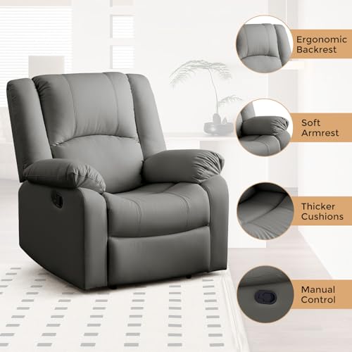COOSLEEP Leather Recliner Chair with Overstuffed Arm and Back,Soft Living Room Chair Home Theater Lounge Seat,Manual Reclining Chairs for Adults (Dark Gray)