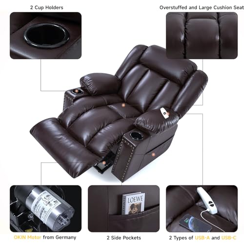Cfvyne Large Power Lift Chairs Recliners for Elderly with Heated and Massage, Overstuffed Adjustable Lift Chairs, 3 Positions, Breathable Leather, USB-A and USB-C, Cup Holder, Side Pocket, Dark Brown