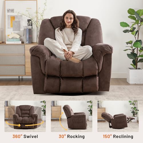 ANJ Oversized Rocker Chair Manual 360 Degree Swivel Recliners Comfy Glider Rocking Chairs for Big Man Home Extra Wide Overstuffed Reclining Chair for Living Room, Camel