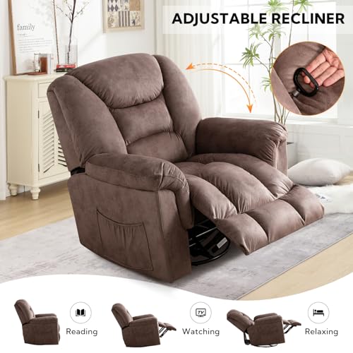 ANJ Oversized Rocker Chair Manual 360 Degree Swivel Recliners Comfy Glider Rocking Chairs for Big Man Home Extra Wide Overstuffed Reclining Chair for Living Room, Camel