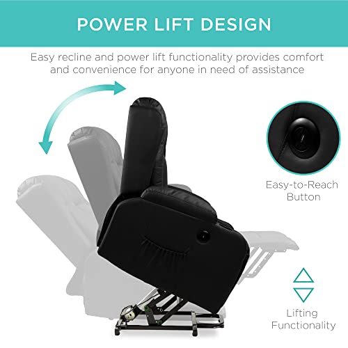 Best Choice Products PU Leather Electric Power Lift Chair, Recliner Massage Chair, Adjustable Furniture for Back, Legs w/ 3 Positions, USB Port, Heat, Cupholders, Easy-to-Reach Side Button - Black