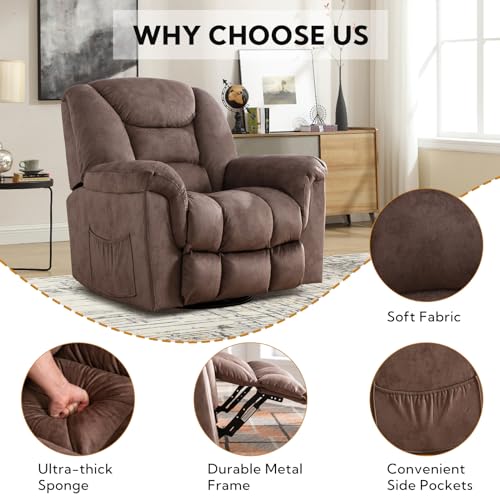 ANJ Oversized Rocker Chair Manual 360 Degree Swivel Recliners Comfy Glider Rocking Chairs for Big Man Home Extra Wide Overstuffed Reclining Chair for Living Room, Camel