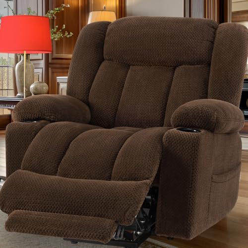 Kiertl Large-Wide Power Lift Recliner Chair for Elderly, Big and Tall, Heat and Massage, Lift Chairs Recliners with Extended Footrest, Remote Control, 2 Cup Holders - (Plush Flannel, Dark Brown)