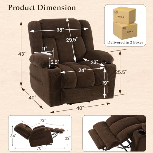 Kiertl Large-Wide Power Lift Recliner Chair for Elderly, Big and Tall, Heat and Massage, Lift Chairs Recliners with Extended Footrest, Remote Control, 2 Cup Holders - (Plush Flannel, Dark Brown)