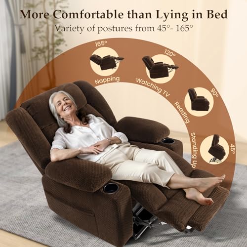 Kiertl Large-Wide Power Lift Recliner Chair for Elderly, Big and Tall, Heat and Massage, Lift Chairs Recliners with Extended Footrest, Remote Control, 2 Cup Holders - (Plush Flannel, Dark Brown)
