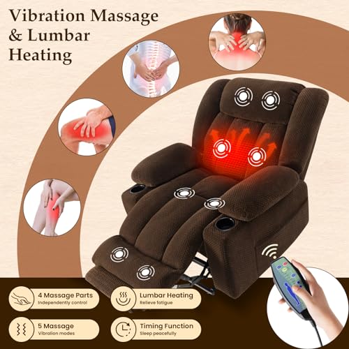 Kiertl Large-Wide Power Lift Recliner Chair for Elderly, Big and Tall, Heat and Massage, Lift Chairs Recliners with Extended Footrest, Remote Control, 2 Cup Holders - (Plush Flannel, Dark Brown)