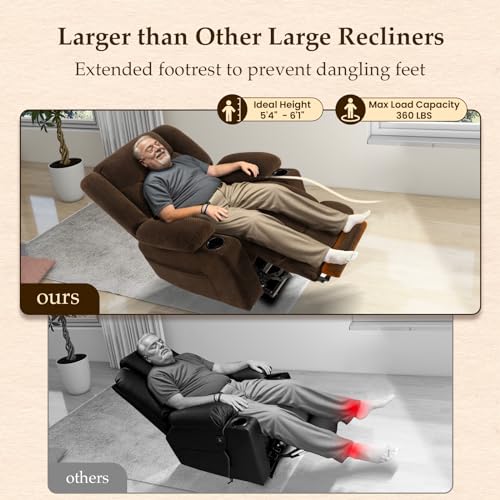 Kiertl Large-Wide Power Lift Recliner Chair for Elderly, Big and Tall, Heat and Massage, Lift Chairs Recliners with Extended Footrest, Remote Control, 2 Cup Holders - (Plush Flannel, Dark Brown)