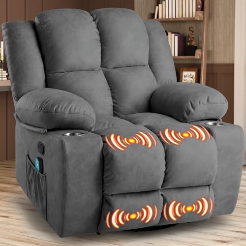Jocisland Oversized Rocker Recliner Chair with Massage for Living Room, Overstuffed 360° Swivel Single Sofa with Detachable Cup Holders, Home Theater Seating, Dark Grey