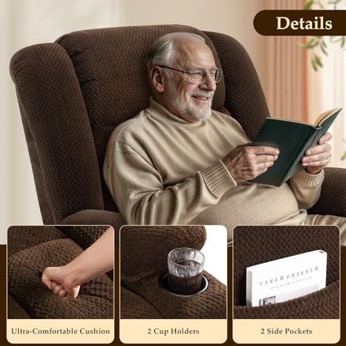 Kiertl Large-Wide Power Lift Recliner Chair for Elderly, Big and Tall, Heat and Massage, Lift Chairs Recliners with Extended Footrest, Remote Control, 2 Cup Holders - (Plush Flannel, Dark Brown)