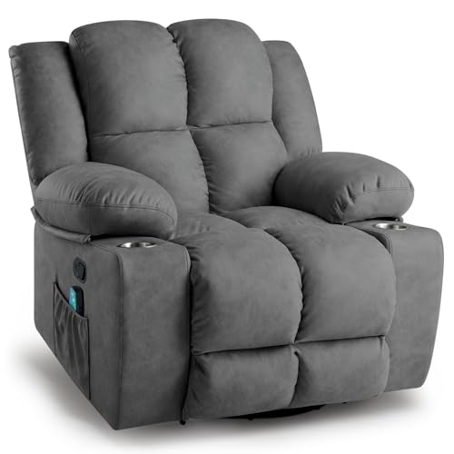 Jocisland Oversized Rocker Recliner Chair with Massage for Living Room, Overstuffed 360° Swivel Single Sofa with Detachable Cup Holders, Home Theater Seating, Dark Grey