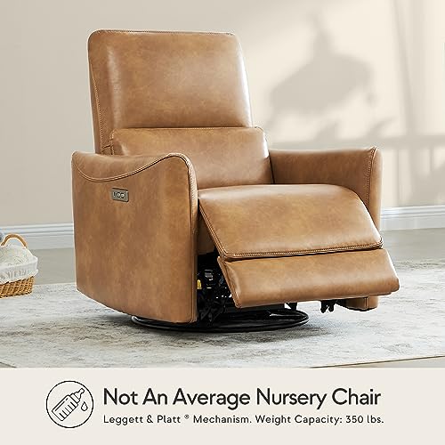 CHITA Power Recliner Chair Swivel Glider, FSC Certified Upholstered Faux Leather Living Room Nursery Reclining Sofa Chair with Lumbar Support, Cognac Brown