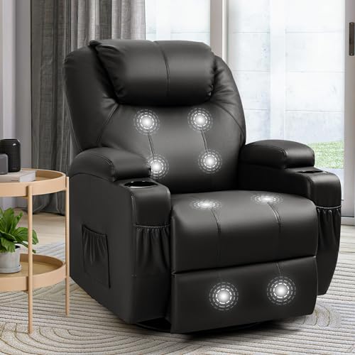 Furniwell Rocker Recliner Chair with Massage for Elderly, Leather Adjustable 360°Swivel Rocking Sofa for Living Room with Remote Control, Cup Holders (Black)