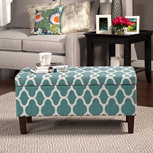 HomePop Large Upholstered Rectangular Storage Ottoman Bench with Hinged Lid, Teal Blue Geometric