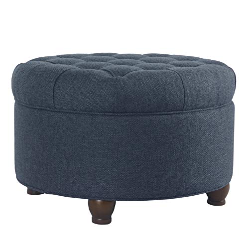 Homepop Home Decor | Large Button Tufted Woven Round Storage Ottoman for Living Room & Bedroom (Navy Woven) 25 inch D x 25 inch W x 15 inch H