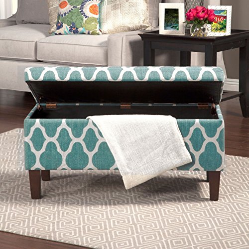 HomePop Large Upholstered Rectangular Storage Ottoman Bench with Hinged Lid, Teal Blue Geometric
