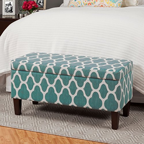 HomePop Large Upholstered Rectangular Storage Ottoman Bench with Hinged Lid, Teal Blue Geometric