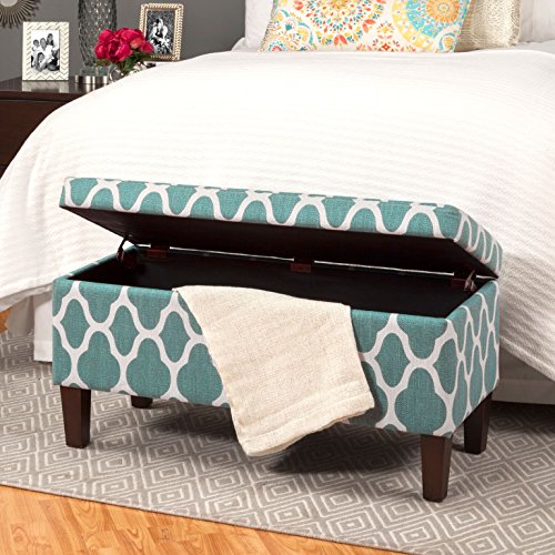 HomePop Large Upholstered Rectangular Storage Ottoman Bench with Hinged Lid, Teal Blue Geometric