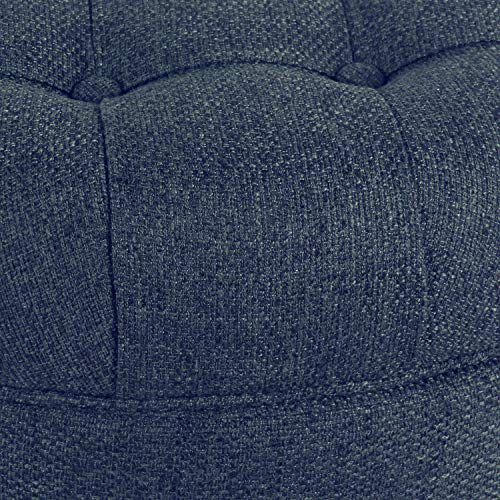Homepop Home Decor | Large Button Tufted Woven Round Storage Ottoman for Living Room & Bedroom (Navy Woven) 25 inch D x 25 inch W x 15 inch H