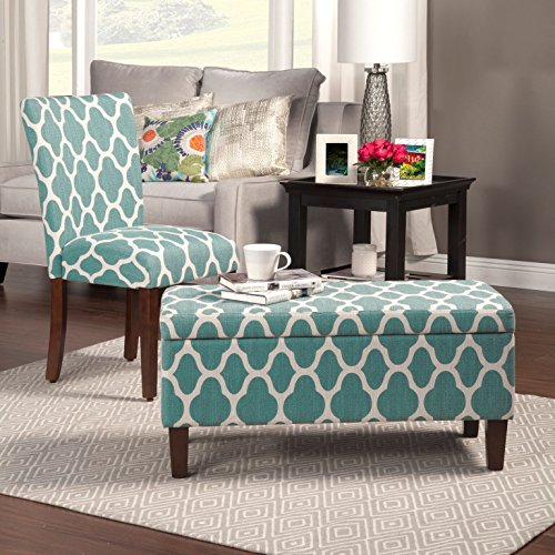 HomePop Large Upholstered Rectangular Storage Ottoman Bench with Hinged Lid, Teal Blue Geometric