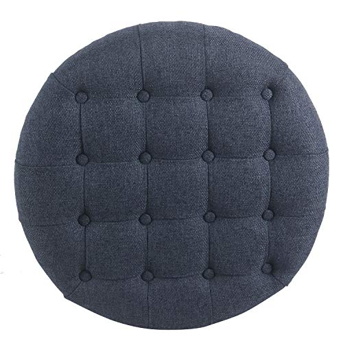 Homepop Home Decor | Large Button Tufted Woven Round Storage Ottoman for Living Room & Bedroom (Navy Woven) 25 inch D x 25 inch W x 15 inch H