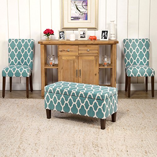 HomePop Large Upholstered Rectangular Storage Ottoman Bench with Hinged Lid, Teal Blue Geometric