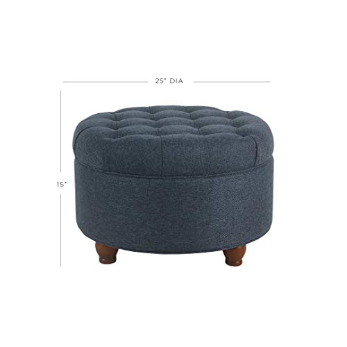 Homepop Home Decor | Large Button Tufted Woven Round Storage Ottoman for Living Room & Bedroom (Navy Woven) 25 inch D x 25 inch W x 15 inch H