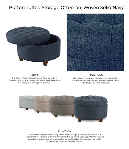 Homepop Home Decor | Large Button Tufted Woven Round Storage Ottoman for Living Room & Bedroom (Navy Woven) 25 inch D x 25 inch W x 15 inch H
