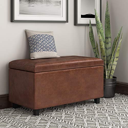 SIMPLIHOME Cosmopolitan 34 inch Wide Rectangle Lift Top Storage Ottoman in Upholstered Distressed Saddle Brown Tufted Faux Leather, Footrest Stool, Coffee Table for Living Room, Bedroom and Kids Room