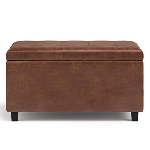 SIMPLIHOME Cosmopolitan 34 inch Wide Rectangle Lift Top Storage Ottoman in Upholstered Distressed Saddle Brown Tufted Faux Leather, Footrest Stool, Coffee Table for Living Room, Bedroom and Kids Room